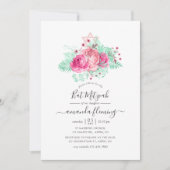 Invitation Bat mitzvah floral rose et menthe (Devant)
