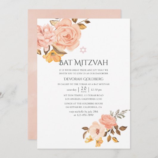 Invitation Bat mitzvah floral rose et or (Devant / Derrière)