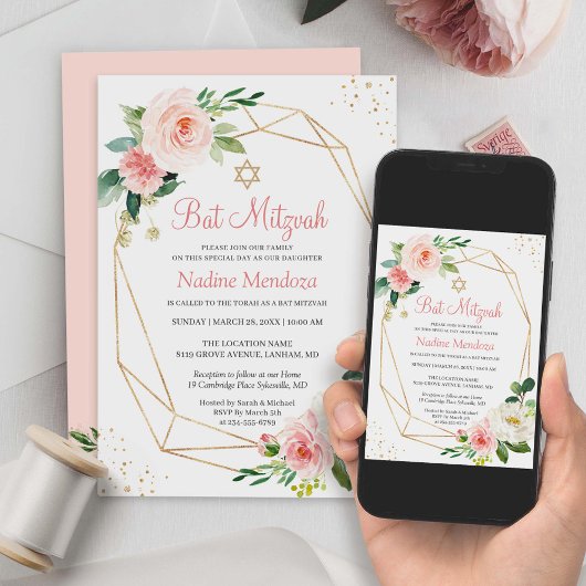 Invitation Bat Mitzvah | Floral Rose Géométrique Blush