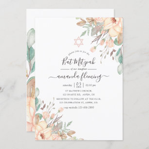 Invitation Bat mitzvah floral rose pâle