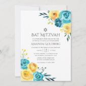 Invitation Bat mitzvah floral turquoise et jaune (Devant)