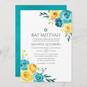 Invitation Bat mitzvah floral turquoise et jaune