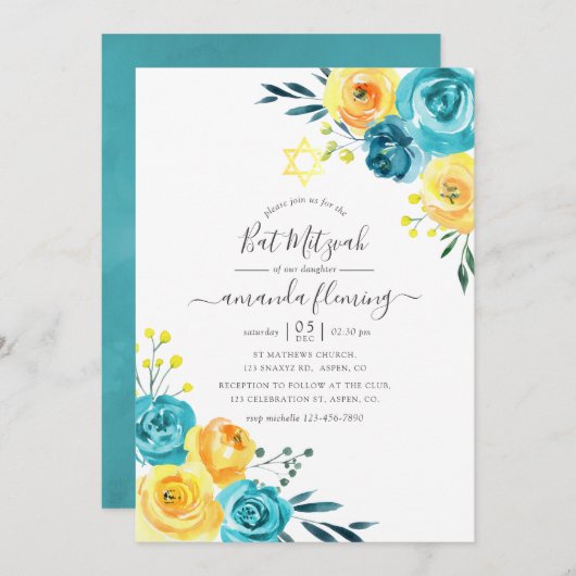 Invitation Bat mitzvah floral turquoise et jaune (Devant / Derrière)