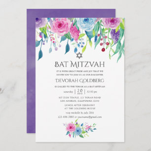 Invitation Bat mitzvah floral ultra violet