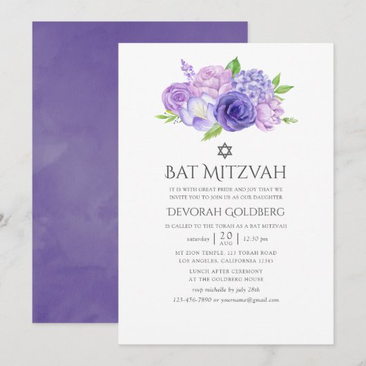 Invitation Bat mitzvah floral ultra violet (Devant / Derrière)