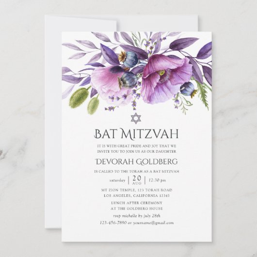 Invitation Bat mitzvah floral violet (Devant)
