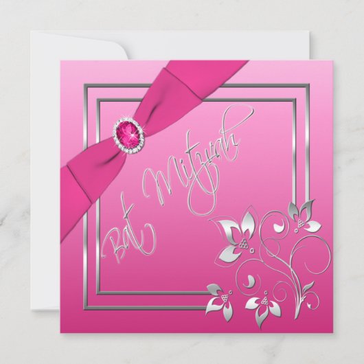 Invitation Bat mitzvah florale rose et argent (Devant)