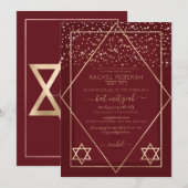Invitation Bat mitzvah frontalier Bourgogne Rouge Or Confetti (Devant / Derrière)