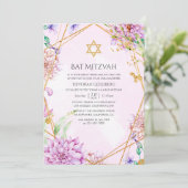 Invitation Bat mitzvah géométrique Floral violet et or (Debout devant)