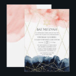 Invitation Bat mitzvah géométrique marine et couleur blanche<br><div class="desc">Invitation bat mitzvah avec des éclaboussures de peinture bleu marine et rose vif et un cadre géométrique doré.</div>