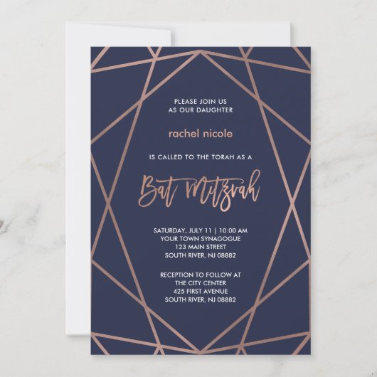 Invitation Bat mitzvah géométrique Rose et bleu de minuit (Devant)