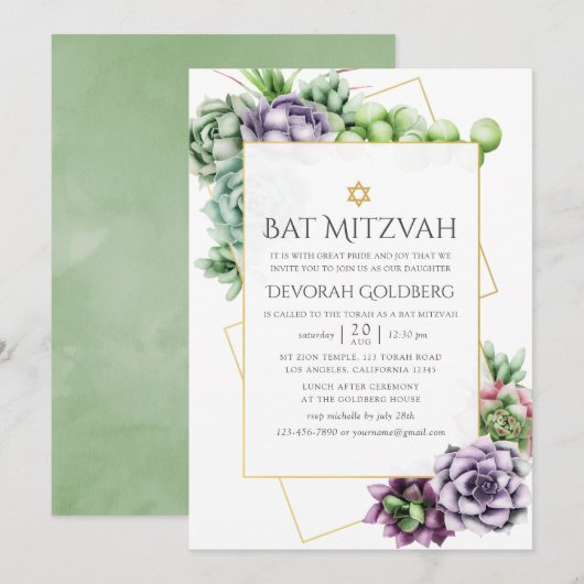 Invitation Bat mitzvah géométrique Succulent aquarelle (Devant / Derrière)