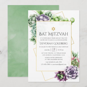 Invitation Bat mitzvah géométrique Succulent aquarelle