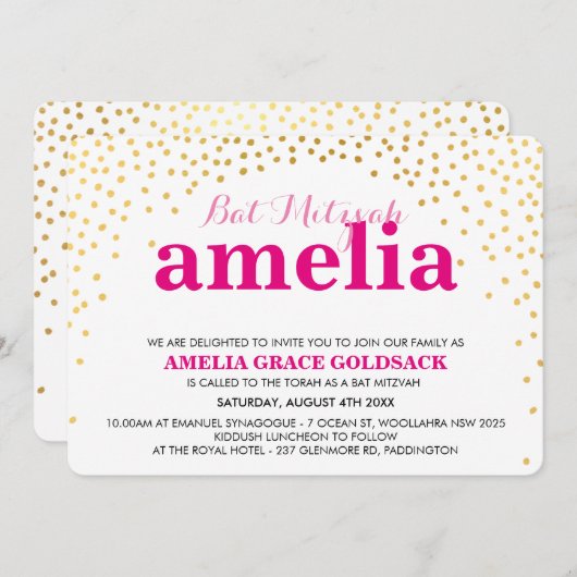 Invitation Bat mitzvah GLAMOROUS rustique mini confetti en or (Devant / Derrière)