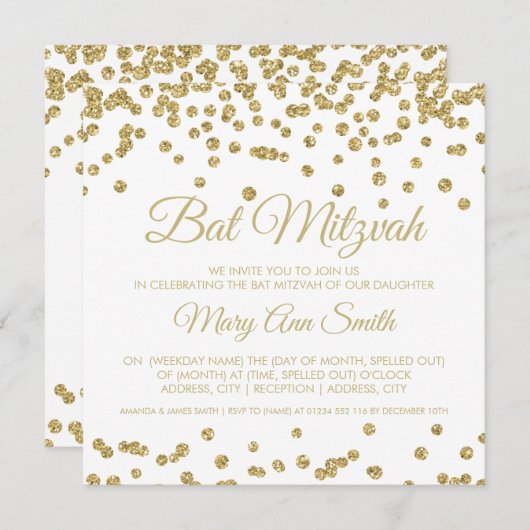Invitation Bat mitzvah Gold Faux Parties scintillant Confetti (Devant / Derrière)