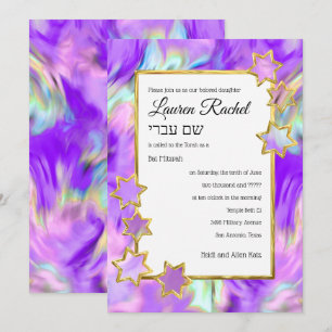Invitation Bat mitzvah Gold Star Abstrait Tie Dye Purple