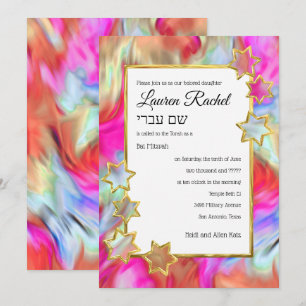 Invitation Bat mitzvah Gold Star Abstrait Tie Dye Rouge