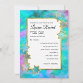 Invitation Bat mitzvah Gold Star Abstrait Vert bleu rose (Devant)