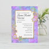 Invitation Bat mitzvah Gold Star Abstrait violet bleu rose (Debout devant)