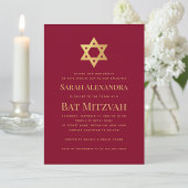 Invitation Bat Mitzvah Gold Star of David Simple Burgundy Red