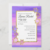 Invitation Bat mitzvah Gold Star Purple Pink Stripes (Devant)