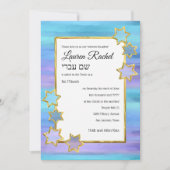 Invitation Bat mitzvah Gold Star violet turquoise raypes (Devant)
