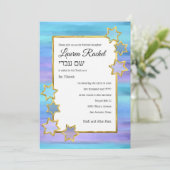 Invitation Bat mitzvah Gold Star violet turquoise raypes (Debout devant)