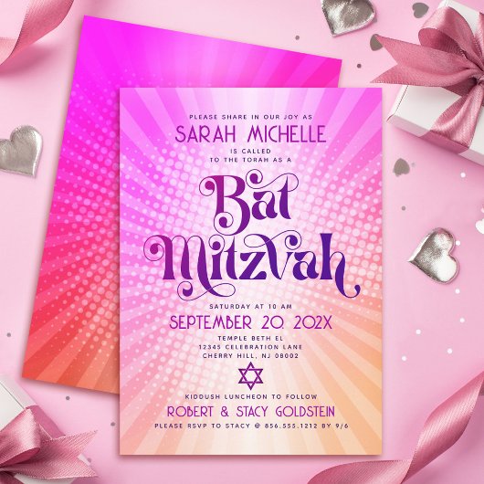 Invitation Bat mitzvah Gras Rétro Boho rose orange dégradé