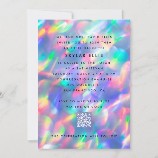 Invitation BAT MITZVAH Iridescente Ultra Moderne QR CODE RSVP (Dos)