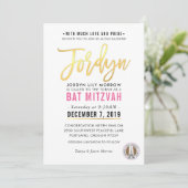 Invitation BAT MITZVAH joli script or rose JORDYN (Debout devant)