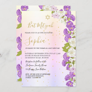 Invitation Bat mitzvah juif violet or floral hébreu
