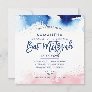 Invitation BAT MITZVAH lettré bleu & rose aquarelle