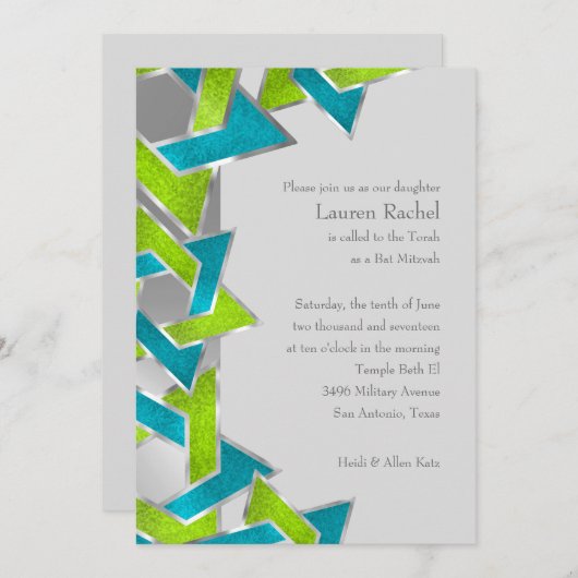 Invitation Bat mitzvah Lime Turquoise Star de David N'importe (Devant / Derrière)