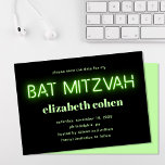 Invitation Bat mitzvah Luminaires De Néon Vert Clair Enregist<br><div class="desc">Cool bat mitzvah moderne enregistrer l'annonce de la date avec "bat mitzvah" dans luminaires lumineux vert citron vert brillant néon contre un arrière - plan noir.</div>