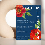 Invitation Bat mitzvah Marine bleu moderne rouge floral aquar<br><div class="desc">Soyez fier, réjouissez-vous et présentez ce jalon de votre Bat mitzvah préféré avec cette invitation sophistiquée et personnalisée ! Une aquarelle chic, étonnante, rouge florale avec un style san serif moderne recouvre un arrière - plan bleu marine. Personnalisez le texte personnalisé avec le nom, la date et les informations de...</div>