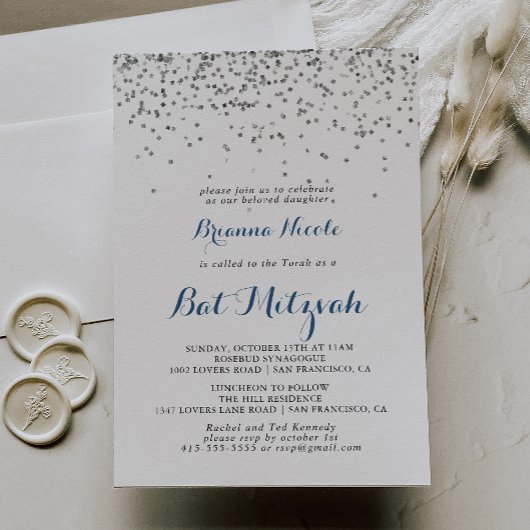 Invitation Bat mitzvah minimaliste Silver Confetti