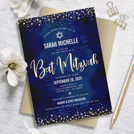 Invitation Bat mitzvah Modern Marine Parties scintillant or F
