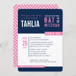 Invitation BAT MITZVAH MODERNE audace bloc marine rose blanc