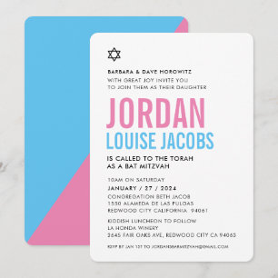 Invitation BAT MITZVAH moderne base audacieux coloré bleu ros
