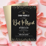 Invitation Bat mitzvah moderne Black Gold Parties scintillant<br><div class="desc">Soyez fier, réjouissez-vous et présentez cette étape importante de votre Bat mitzvah préféré ! Envoyez cette invitation étonnante, moderne, sophistiquée, personnalisée pour un événement à retenir. Scénario de calligraphie de film d'or imitation graphique, Star of David, et confetti, superposent un riche, dramatique, arrière - plan noir. Une fausse étoile d'or...</div>