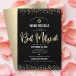 Invitation Bat mitzvah moderne Black Gold Parties scintillant<br><div class="desc">Soyez fier, réjouissez-vous et présentez cette étape importante de votre Bat mitzvah préféré ! Envoyez cette invitation étonnante, moderne, sophistiquée, personnalisée pour un événement à retenir. Scénario de calligraphie de film d'or imitation graphique, Star of David, et confetti, superposent un riche, dramatique, arrière - plan noir. Une fausse étoile d'or...</div>