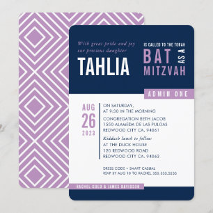 Invitation BAT MITZVAH MODERNE bold bloc marine bleu violet