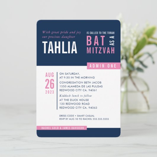 Invitation BAT MITZVAH MODERNE bold bloc marine rose blanc (Debout devant)