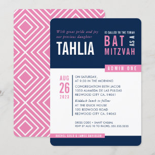 Invitation BAT MITZVAH MODERNE bold bloc marine rose blanc