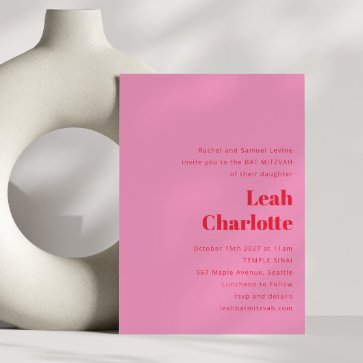 Invitation Bat mitzvah moderne brillant rose et rouge amusant