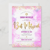 Invitation Bat mitzvah moderne chic or feuille d'eau rose (Devant)