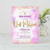 Invitation Bat mitzvah moderne chic or feuille d'eau rose (Debout devant)