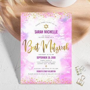 Invitation Bat mitzvah moderne chic or feuille d'eau rose