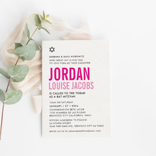 Invitation BAT MITZVAH moderne couleurs vives noms rose