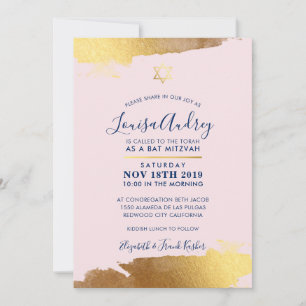 Invitation BAT MITZVAH moderne doré marine rousse rose